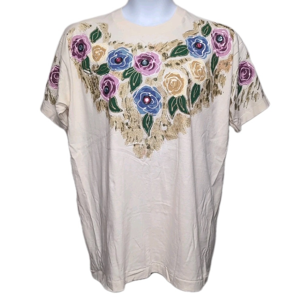 NEW VTG Brush Works Hand Painted T-Shirt Womens OS Cream Embellished NWT USA